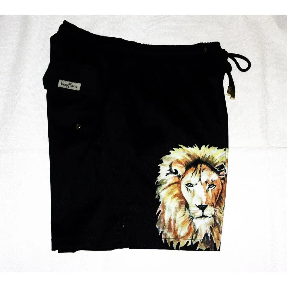 Kenny Flowers Men's Lion Print Black Mesh Lined Pockets Swim Trunks Size XL